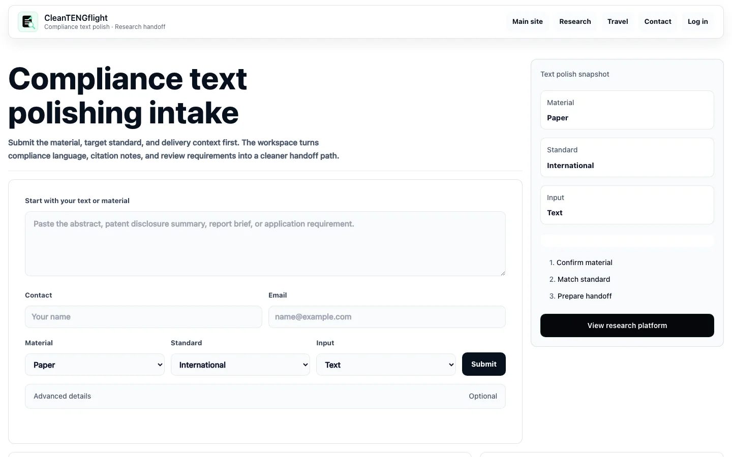 CleanTENGflight Compliance review intake screenshot