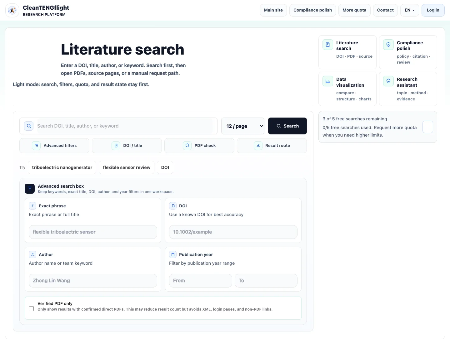 CleanTENGflight Research search workspace screenshot