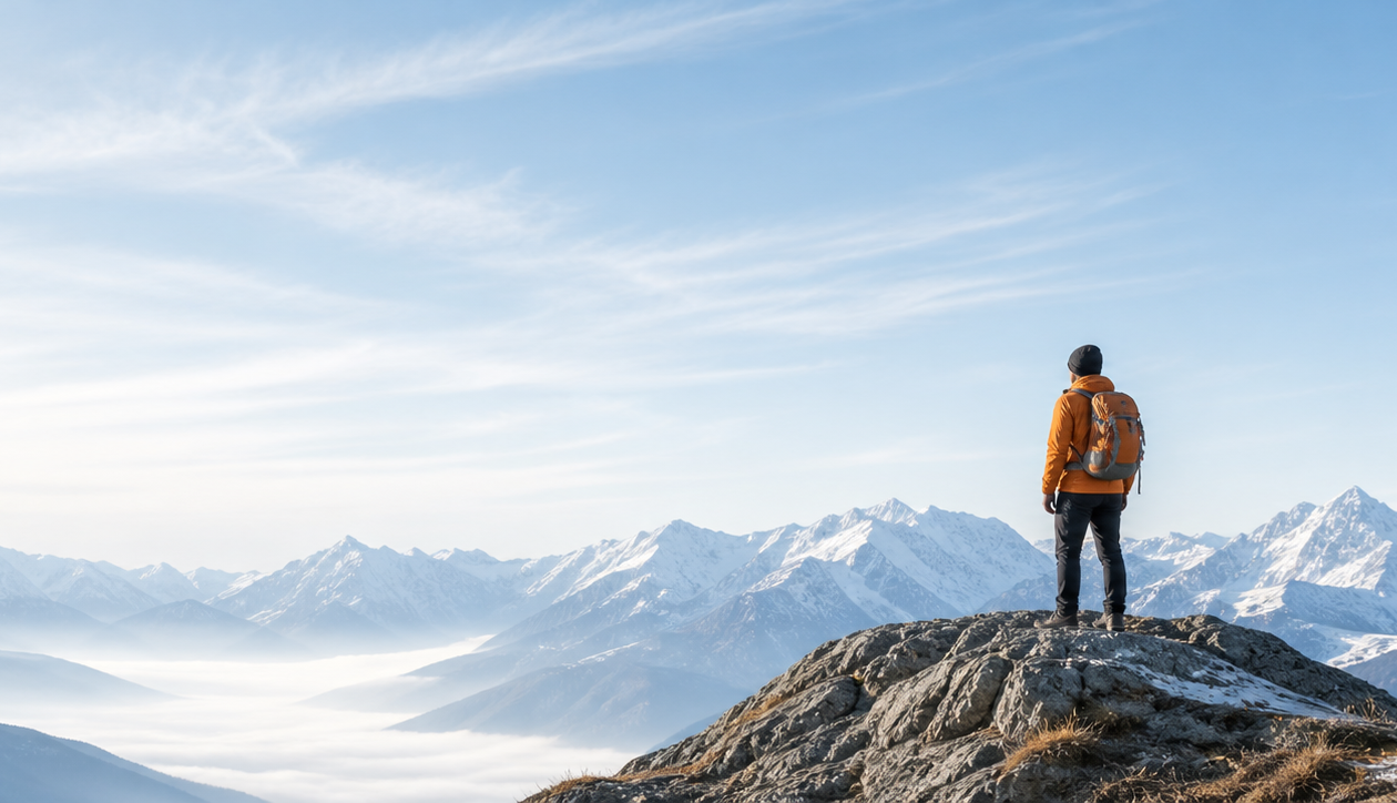 Explorer standing in alpine mountains for CleanTENGflight mobile