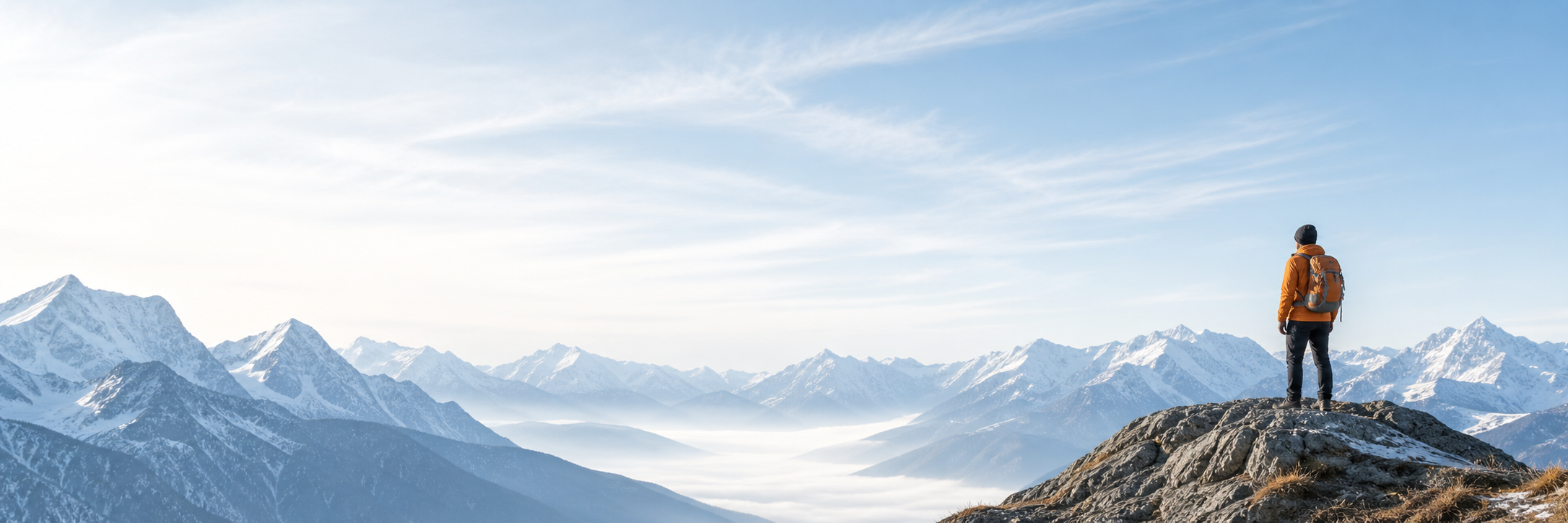 Explorer standing in alpine mountains for CleanTENGflight